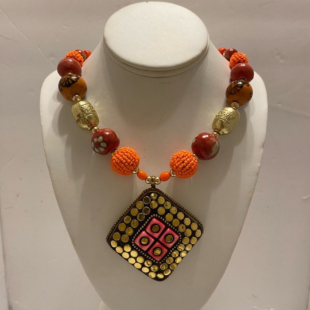 Orange Statement African Necklace - image 1